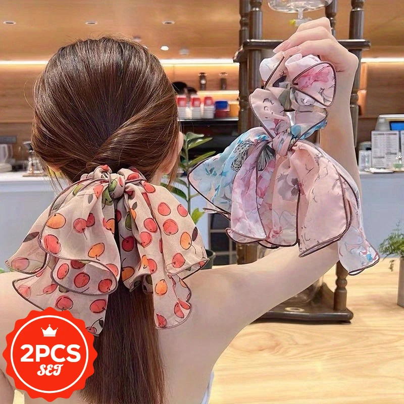 

2Pcs/set New Floral Mesh Large Intestine Hair Tie Printed Hair Rope Women's Ponytail Tied Hair Elastic Bow Ribbon Headband