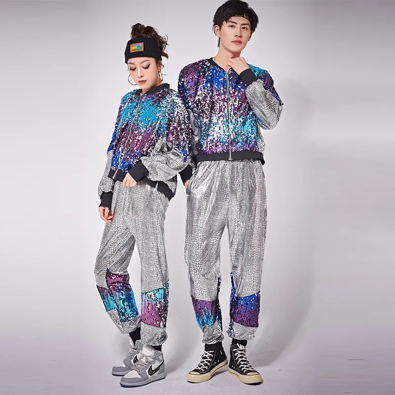 Modern Dance Performance Gradient Sequins Stage Costumes Nightclub Costume Hip Hop Clothing Set Women Man Loose Jazz