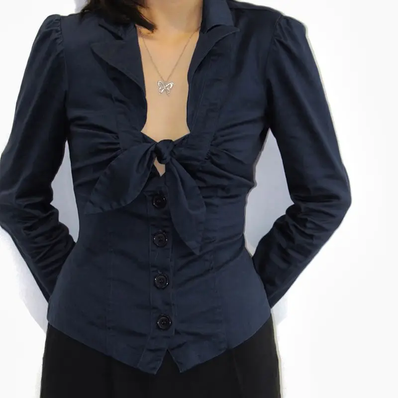 

Gagaok French Style Camisa Feminina Casual Bandage Bow Deep V-neck Women Shirt Button Solid Color Lapel Long Sleeved Top
