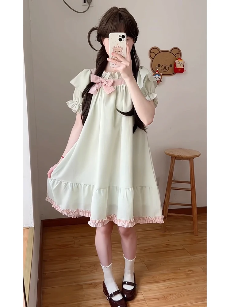 Japoński styl Lolita nowa różowa i zielona sukienka dla lalek w kontrastowym kolorze kokarda w stylu vintage słodkie świeże sukienki księżniczki z krótkim rękawem