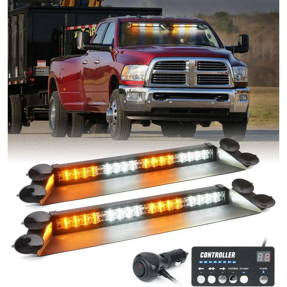 

Emergency LED Strobe Light Bar with Controller for Vehicle Safety Warning, Construction, and Traffic Caution - White & Amber