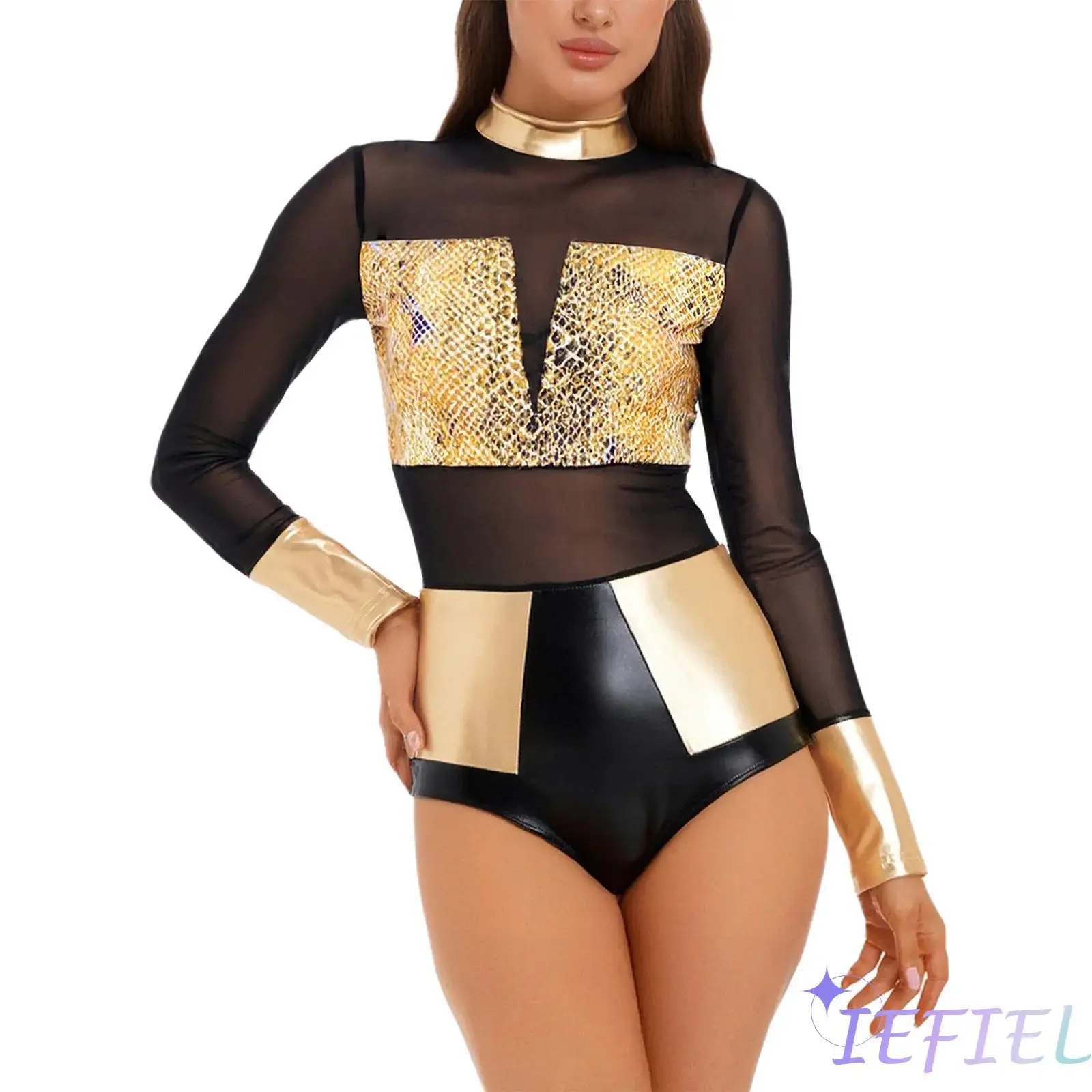 

Womens Metallic Shiny Clubwear One Piece Leotard Snakeskin Pattern Print Sheer Mesh Back Cutout Jumpsuit for Raves Disco Party