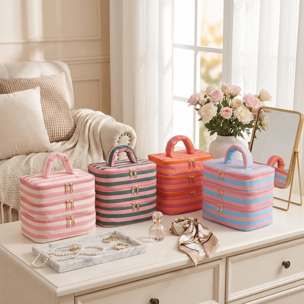 Polyester Multi-Layer Cosmetic Bag Macaron Color Large Capacity Striped Toiletry Bag Handheld Portable Makeup Bag For Women