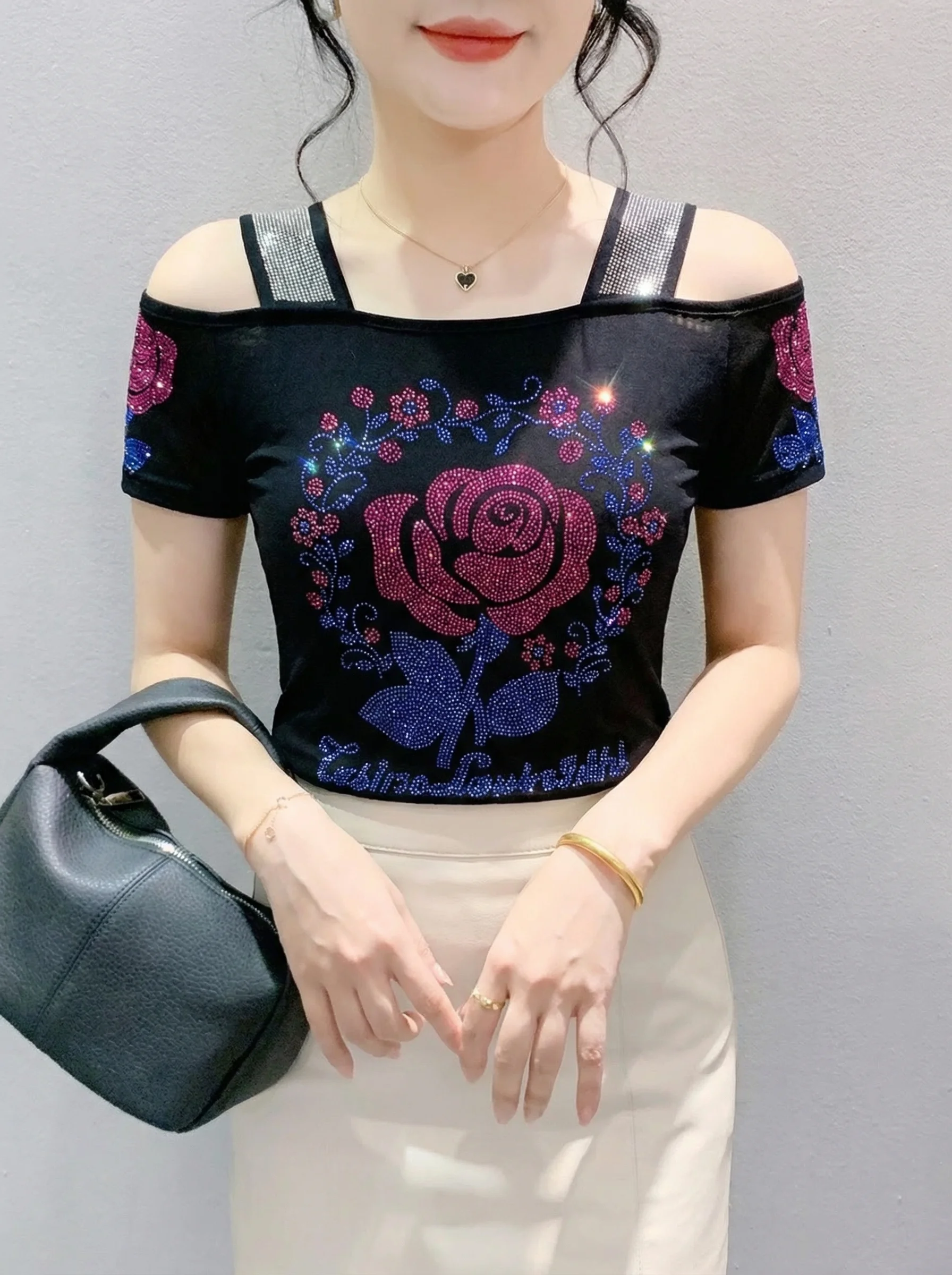 New Designer Hot Diamond Mesh T-Shirt Women Korean Style Sexy Off Shoulder Slim Tee Summer Casual Streetwear Tops