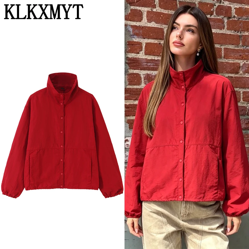 KLKXMYT Street Chic Red Single Breasted Jackets For Women 2026 Autumn New Causal Long Sleeve Stand Collar Coats High Street Top
