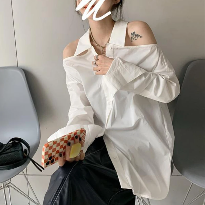 Off Shoulder White Shirt Women Korean Fashion Chic Loose Long Sleeve Top Thin Summer Office Ladies Casual All Match Solid Blouse