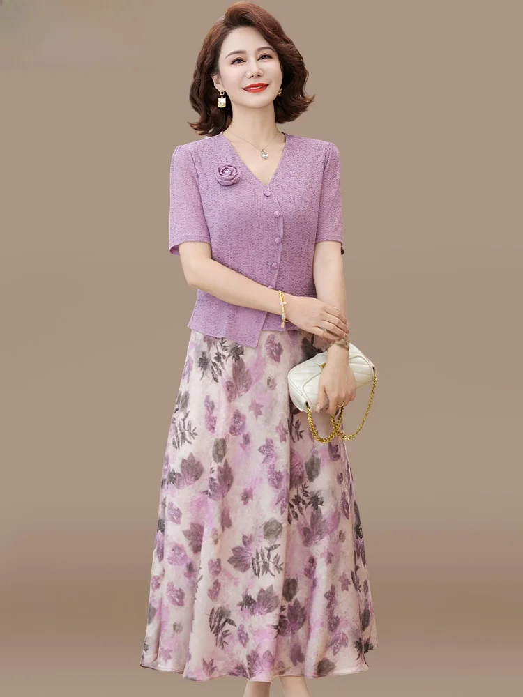 

Midlife Mom Summer Dr ort Sve Chiffon Floral Print Long Skirt Faionable Korean Sle Loose Fit V-Ne Midi Dr