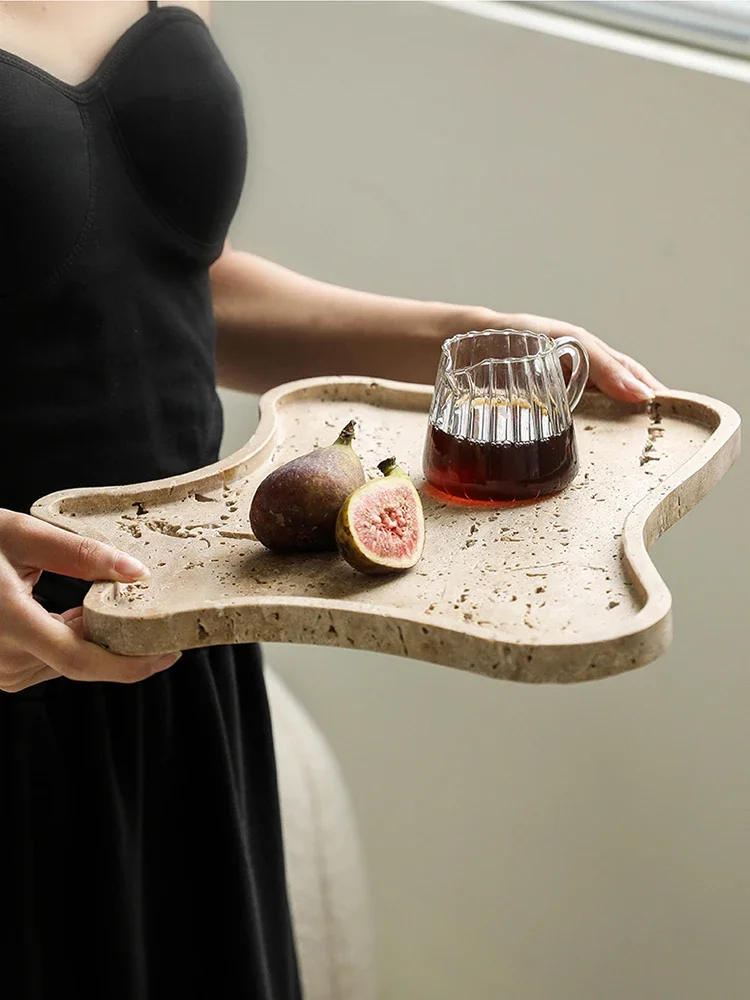 

Vintage Travertine Stone Tray, Decorative Jewelry Plate Trinket Dish, Marble Counter Organizer for Bathroom Dresser Coffee Table