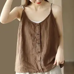 Womens Cotton And Linen Camisole Vest Button Top Summer