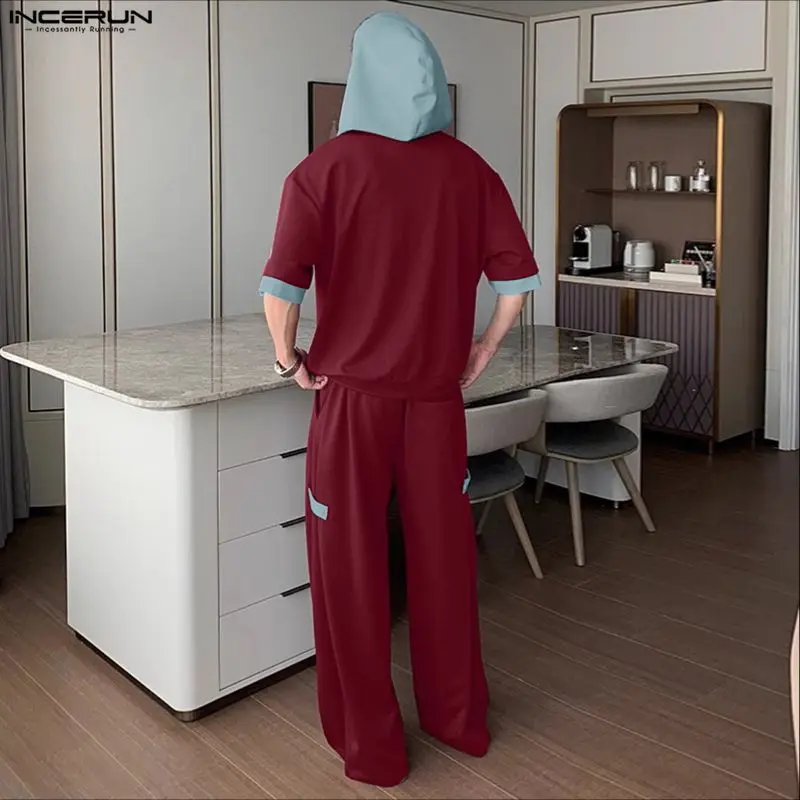 INCERUN مجموعات الرجال المرقعة اللون كتلة مقنعين قصيرة الأكمام بلوزات وسراويل قطعتين مجموعات الشارع الشهير فضفاض الرجال الدعاوى غير رسمية #5