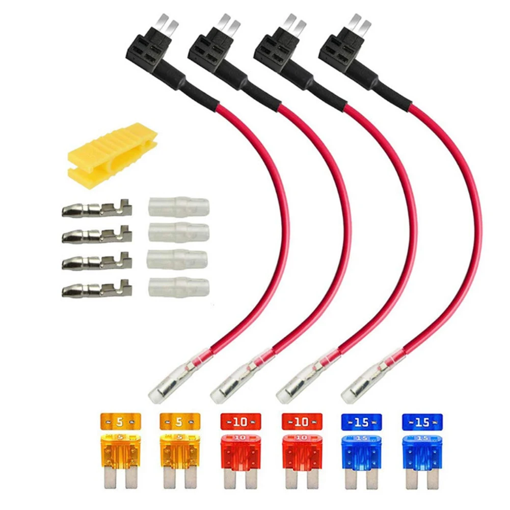 

4Pcs 12V-24V Add-A-Circuit Fuse Extractor 2 Fuse Connectors 5A 10A 15A Piggy Back Blade Fuse Holder With Wire Harness