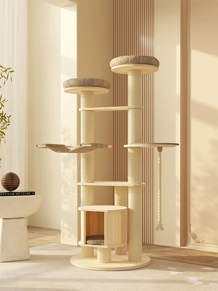 

Solid wood cat climbing frame, cat tree nest integrated multi-layer large frame, grinding claw column, with nest