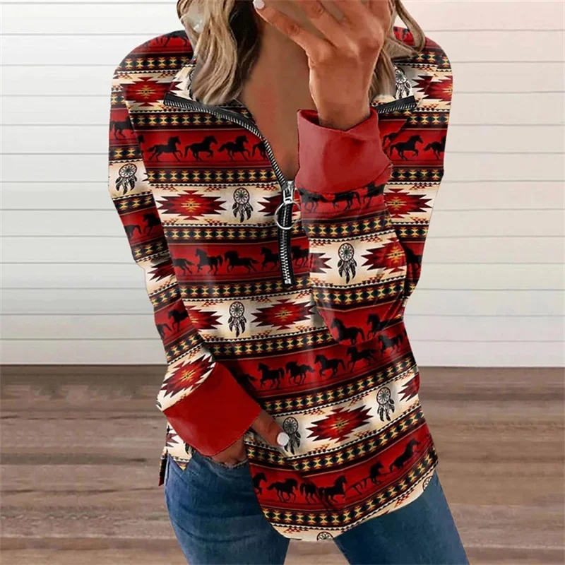 Women Western Style Sweatshirt Lapel Zipper Splicing Hoodie Autumn Winter Casual Vintage Geometry Print Long Sleeve Female Tops