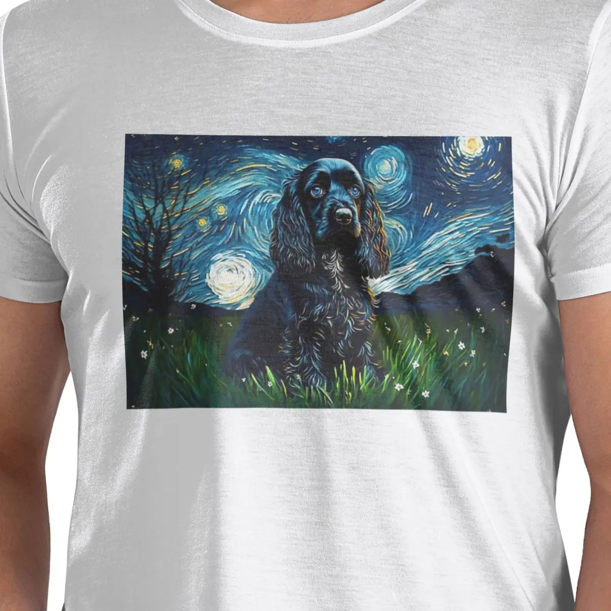 

Кокер-спаниель, щенок, звездная ночь, футболка из 100% хлопка, мужские забавные футболки, мужские футболки с круглым вырезом и коротким рукавом, S-6XL