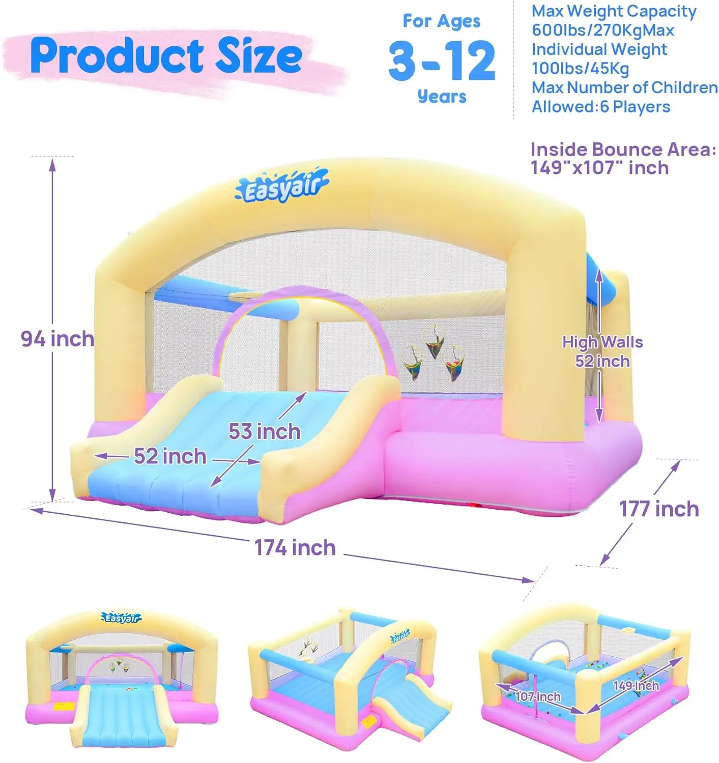 Casa de salto grande para crianças grandes, corrediça de salto inflável de 14,8 x 14,5 pés com ventilador de 650 W, cesta de basquete, bola de lançamento Ga