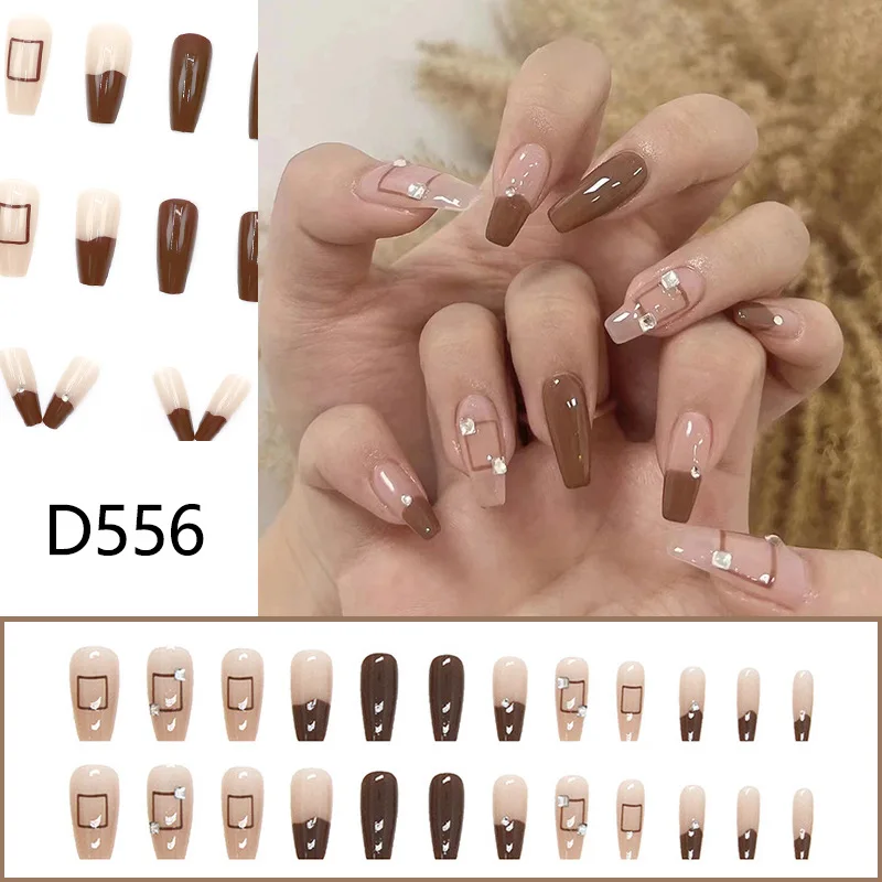 

24pcs Brown Fake Nails Square Rhinestone Sparkle Press on Nail Medium-Pointed Full Coverage Nail Tips for Women&Girl False Nail