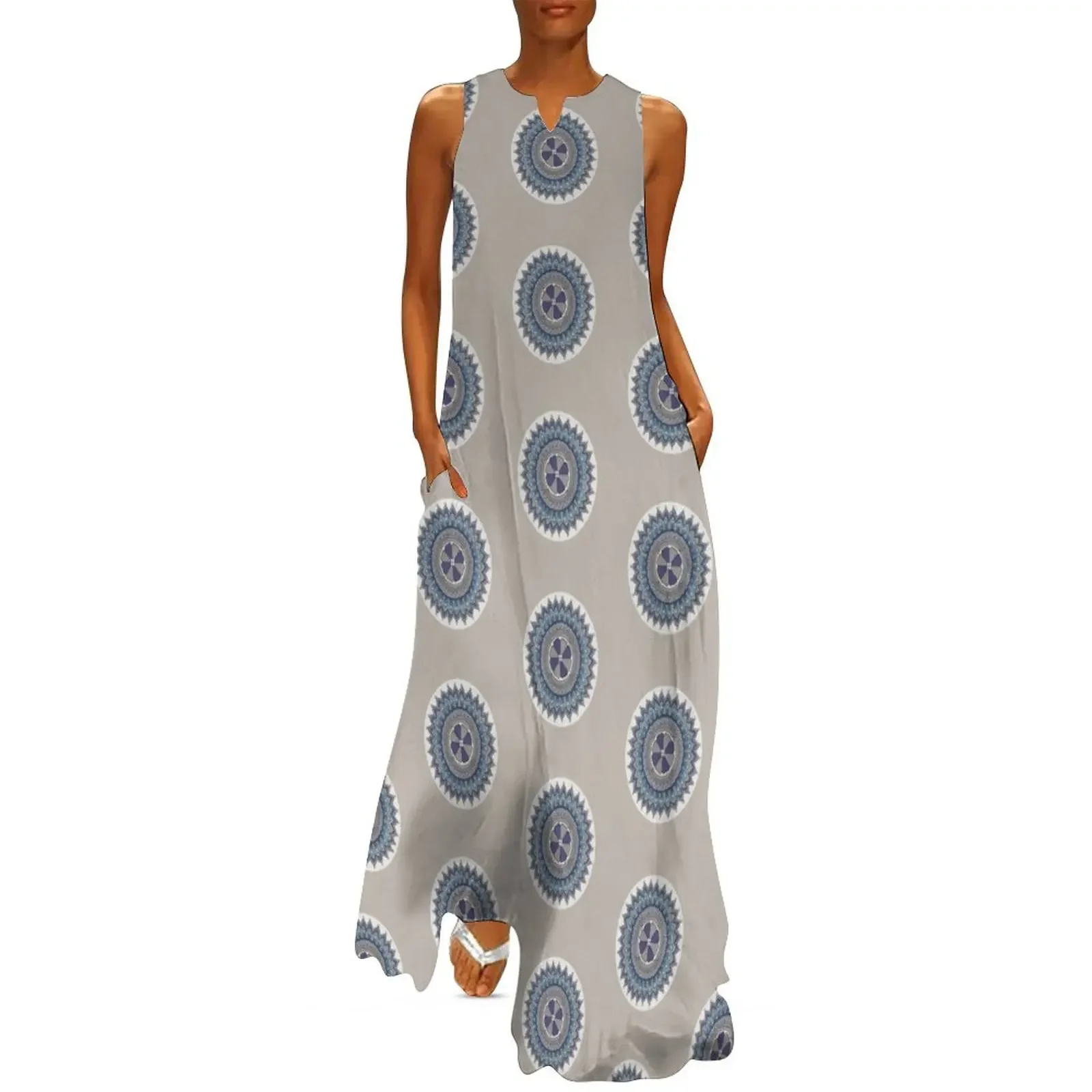 

Blue Latvian Mandala Long Dress Long veiled dresses Female dress Summer women's clothing Dress
