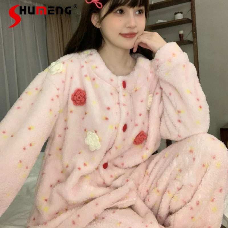 

Winter Rose Pajamas for Women Fleece Thickened Outerwear Sleep Sets Female Japanese Style Autumn Winter Homewear Suit