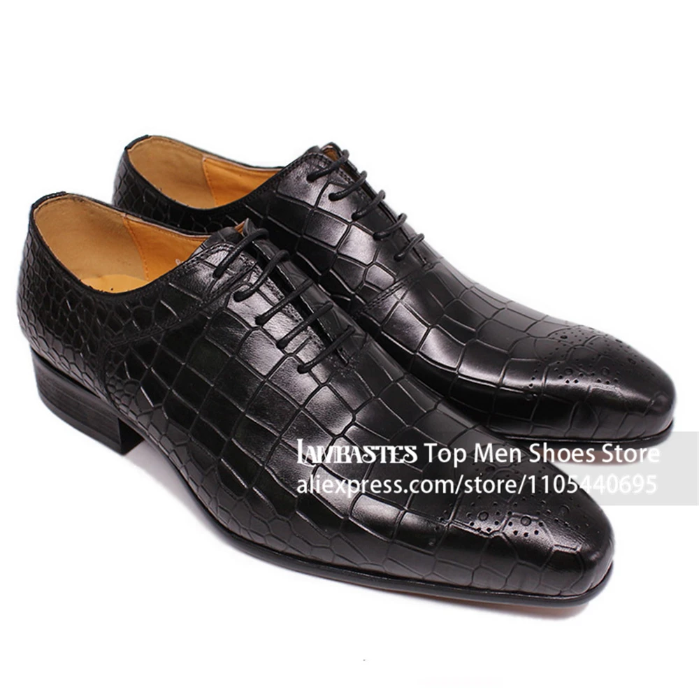 Medallion Brogue Toe Dress Shoes Lace up Leather Business Shoes Classic Oxford Silhouette Men's Crocodile Embossed Oxford Shoes