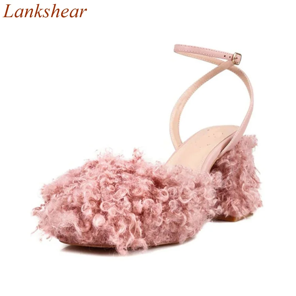 

Round Toe Fur Women Sandals Square Heel Slingback Buckle Strap Solid Pink Shallow Fashion Casual Women Shoes 2024 New Arrivals