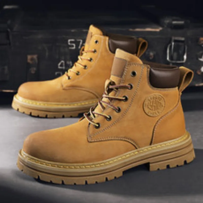 

Men's high top boots four season outdoor work shoes anti slip and comfortable yellow boots fashion British casual leather boots