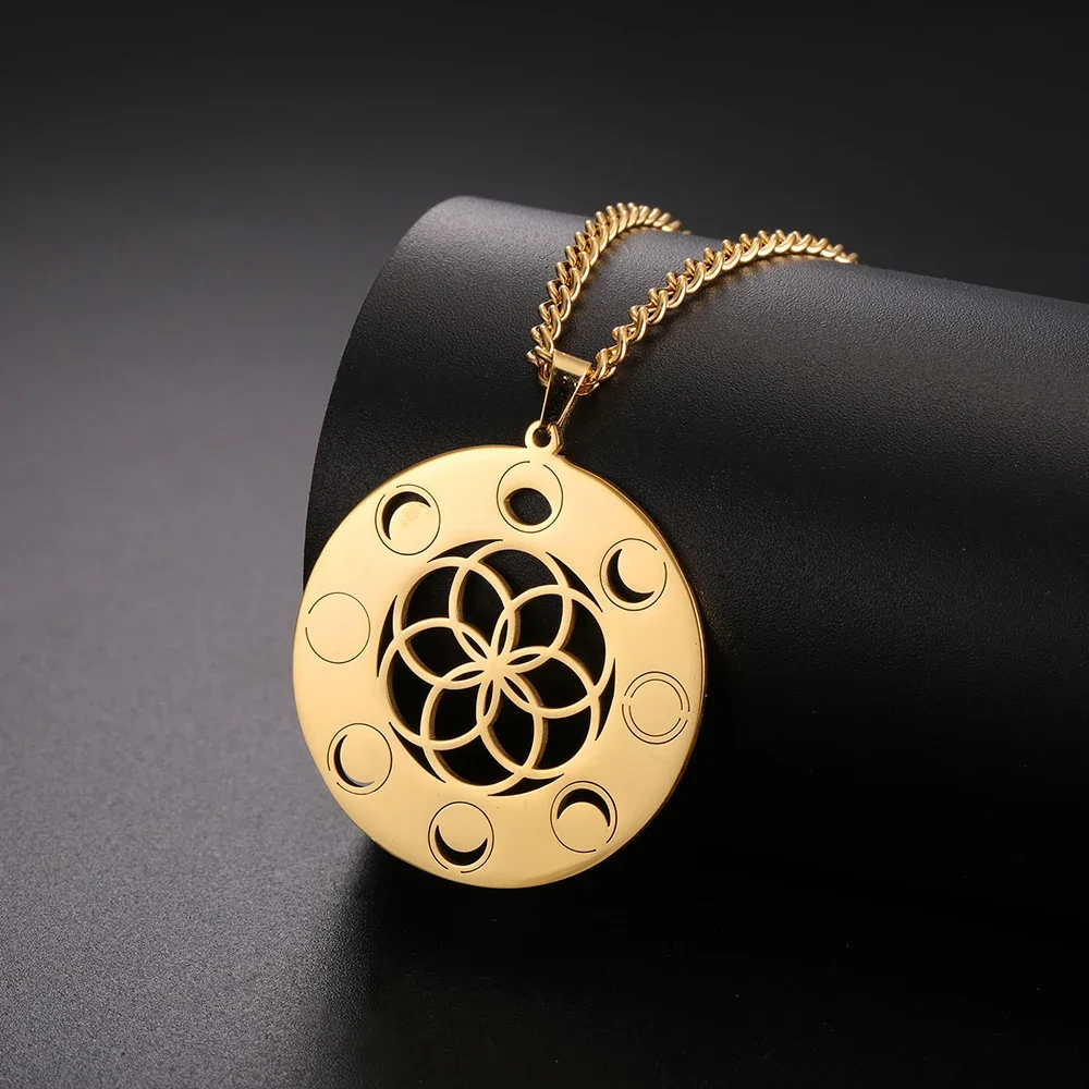 Dawapara Classic Seed of Life Women Necklace Moon Phase Pendant Sacred Geometry Wiccan Lucky Amulet Stainless Steel Jewelry