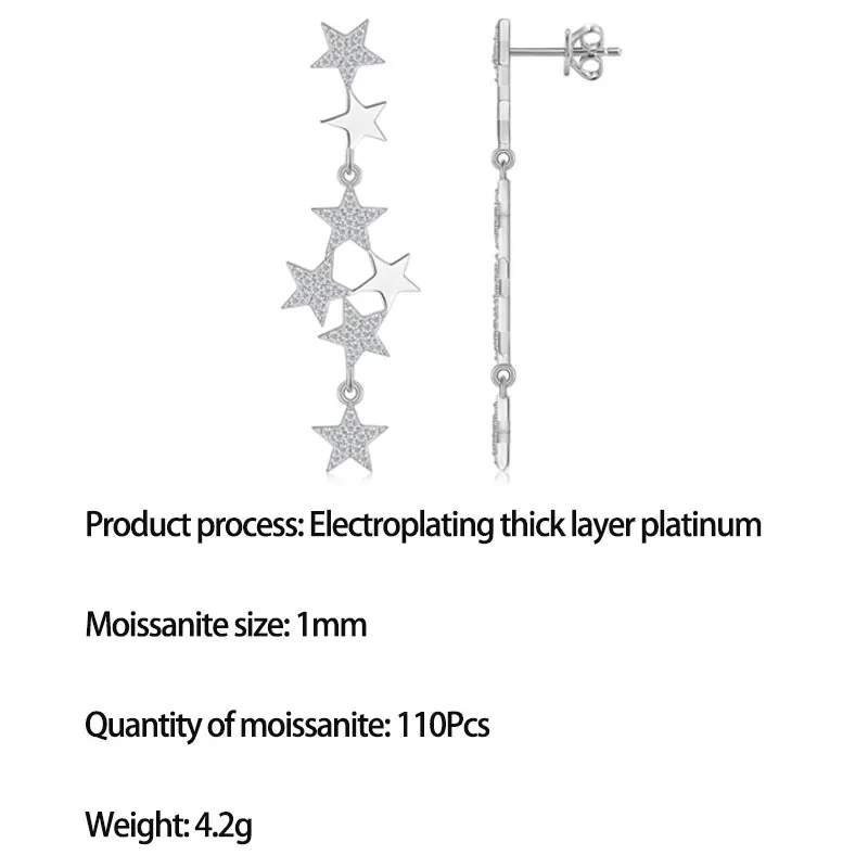 LinkerLove S925 Silver Star Dangle Earrings for Women Full Moissanite Paved Multiple Stars Drop Earrings Party Fine Jewelry Gift