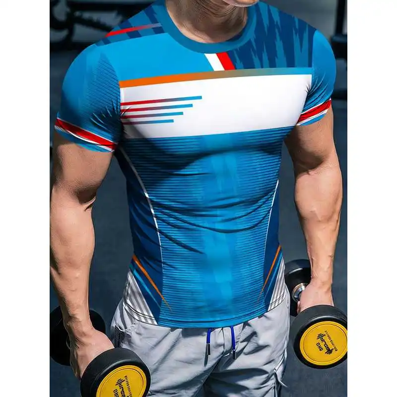 Men's High-Stretch Quick-Dry Blue White Contrast Fitness Shirt Dynamic Line Sport Short Sleeve Body-Hugging Slim Fit Muscle Defi