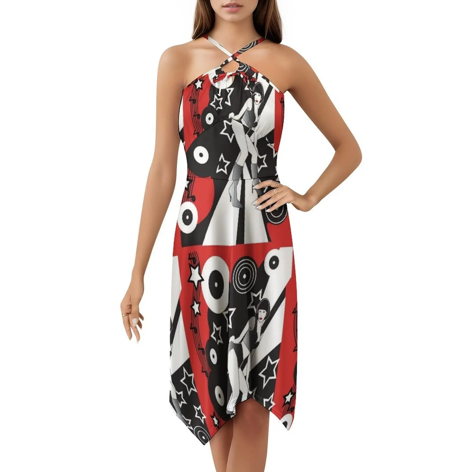 ريترو جلام ديسكوثيك الأحمر بوهو شيك فستان أنيق موضة شاطئ حفل زفاف ثوب أحذية سوداء برقبة Ccw16 سايبر بريق الشفاه الإناث #5