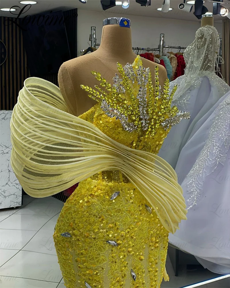 Vestido de noche con hombros descubiertos, traje de tela brillante con cristales brillantes, color amarillo, sirena, árabe, para fiesta de boda, 2024