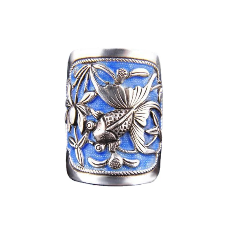 Goldfish Lotus flower 925 Thai Silver Wide style rings for women Vintage Couple Enamel Blue Adjustable opening Banquet Jewelry
