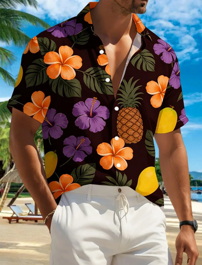 

Men's Hawaiian beach style printed short sleeved shirt for summer casual fashion, wearing holiday and street style clothing