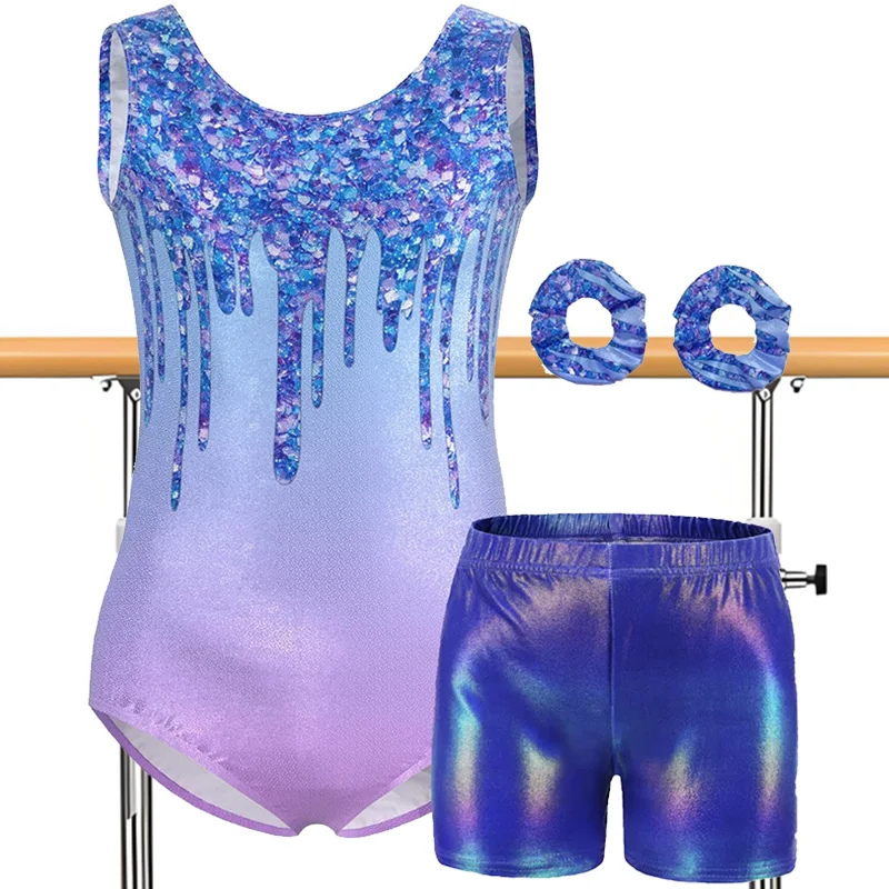 Girls 4pc Gymnastics Leotards for Girl Biketard Athletic Unitard Tumbling Activewear Outfits with Matching Shorts Hairband Sets