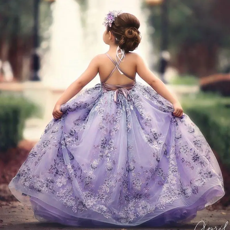 Lavender Flower Girl Dresses Pageant Gown for Wedding Sequins Appliques Sleeveless Princess Birthday Party First Communion Gown