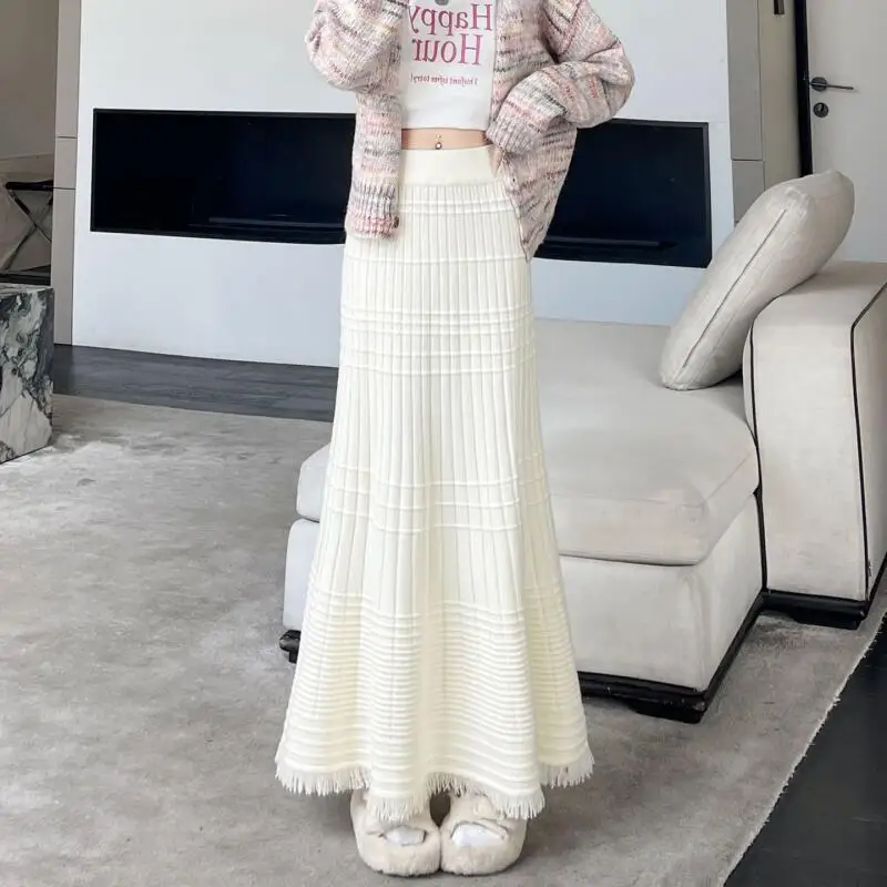 

Girl Knit Skirt Kawaii Autumn and Winter Hard Work Long Skirt High Waist Tassel Hug The Hips Mermaid Skirt Dopamine Wholesale