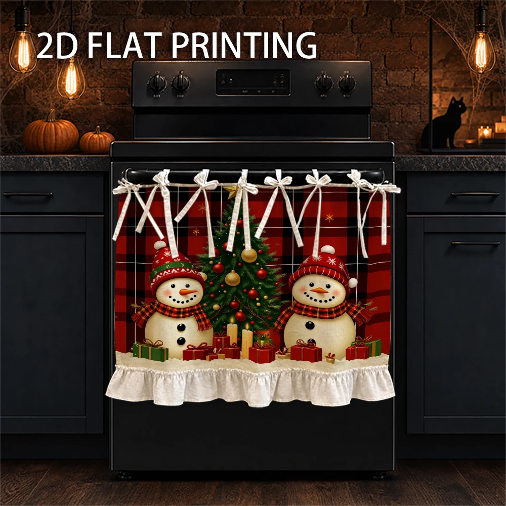 1PC Christmas Kitchen Curtain-Cabinet Curtain-Apron. Featuring a snowman, a Christmas tree, and a festive print in a plaid patte