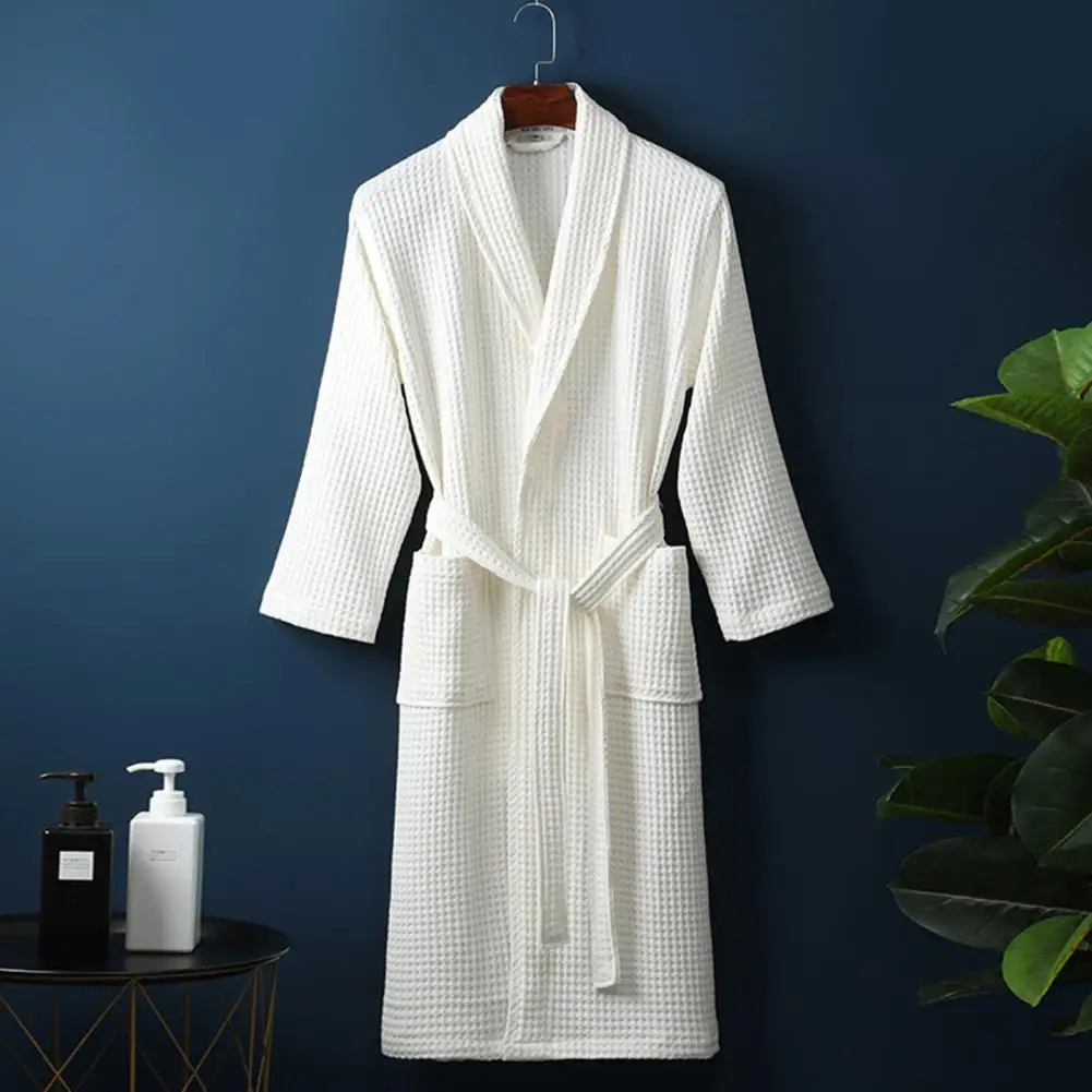 Simple Waffle Bathrobe Luxurious Lace-up Nightgown with Pockets for Men Women Soft Bathrobe Dressing Gown for Beauty Parlor