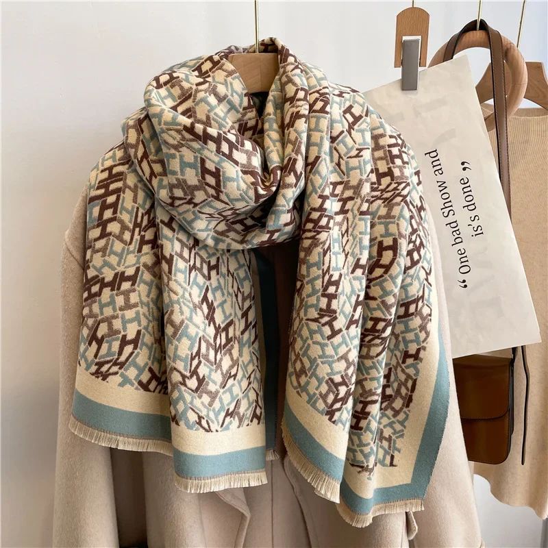 Versatile imitation cashmere double-sided H letter fringed scarf shawl summer exterior