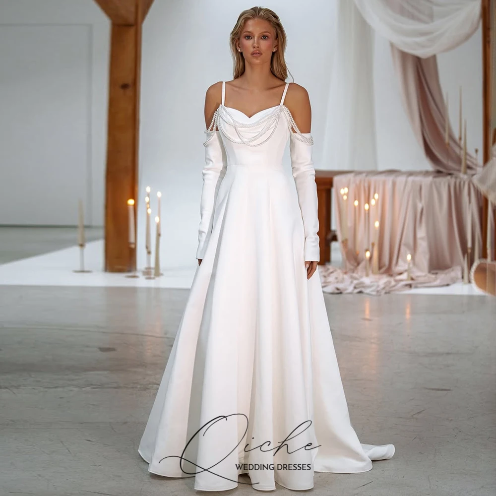 

QICHE 2026 New Wedding Dresses Pearls Spaghetti Straps 3/4 Sleeves Bridal Gown Customized A Line Bridal Dresses שמלת כלה