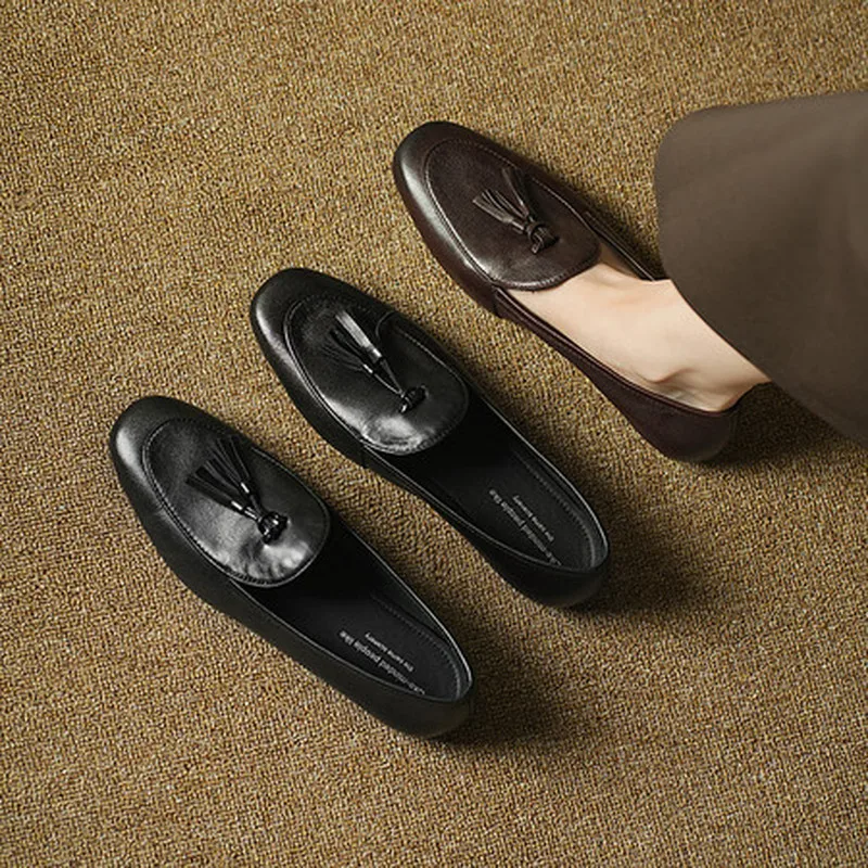 Round Toe Tassel Slip On Loafers Women Washed Cowhide Leather 1cm Flat Heel All Season Vintage Casual Office  FootwearF476