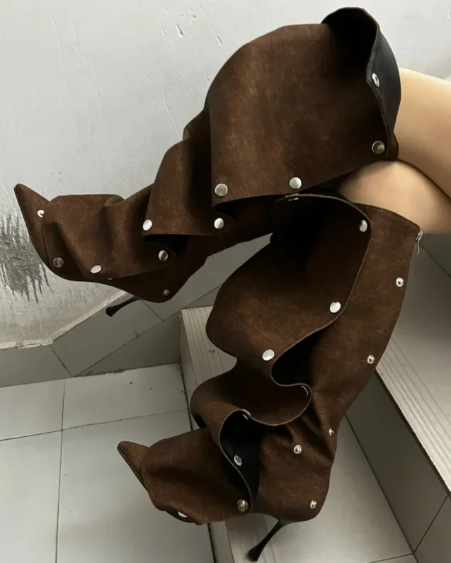 High Heel Long Boots for Women Botte Winter Boots Shoes Botas Mujer Thin Heeled Pointed Denim Metal Button Shoe Zapatos De Mujer