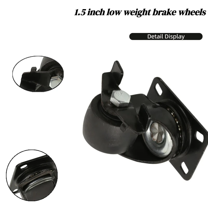 1.5 Inch Heavy Duty Black Swivel Caster Wheel - Universal Pulley with Flat Brake & Gold Drill Design for Furniture & Machinery