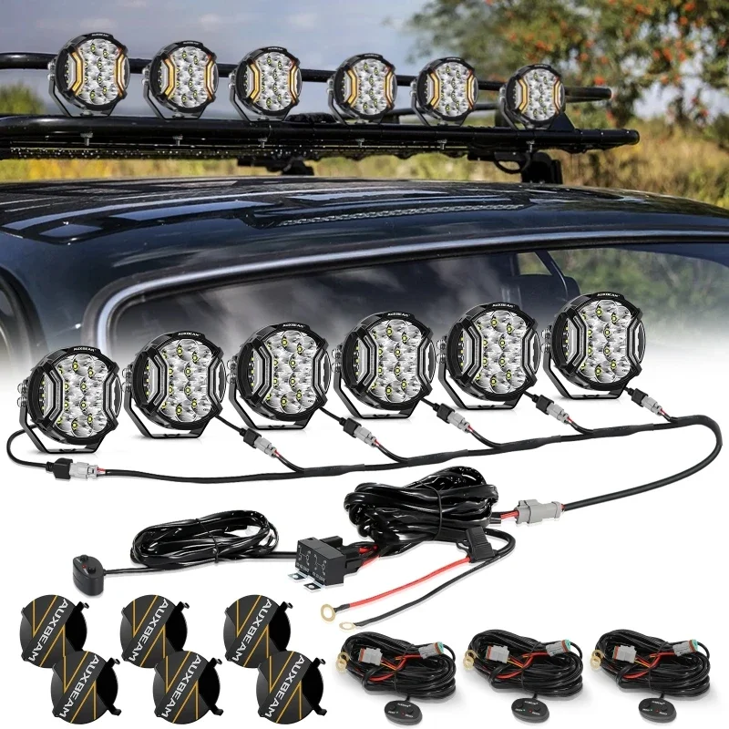 AUXBEAM 4/6Pcs 5 Inch 172W LED Light Pods Double Side Shooter Lighting with White DRL with DT Wiring Harness V-ULTRA Series