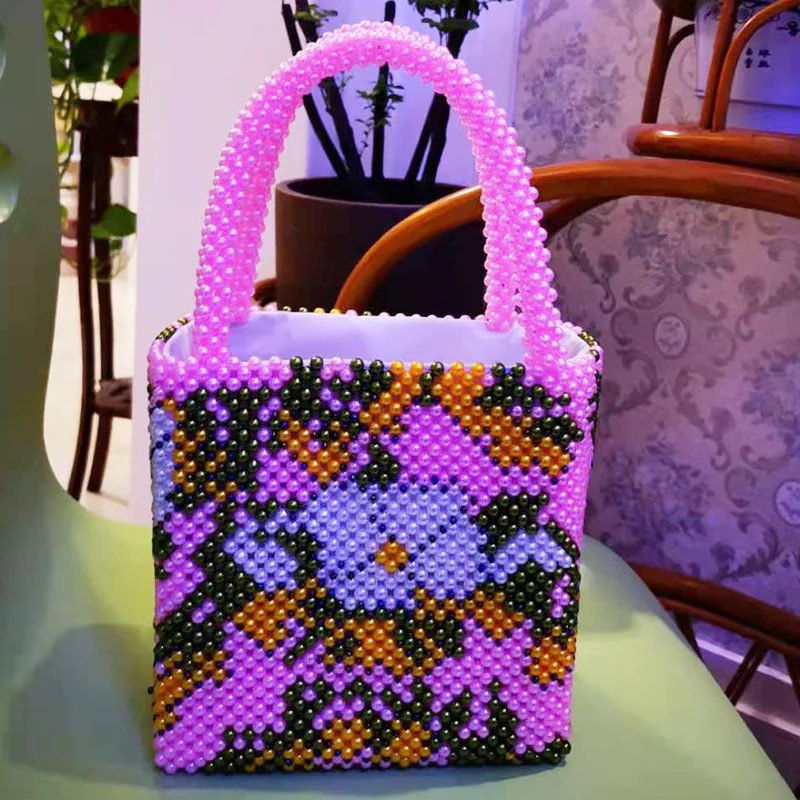 New Pearl Handmade Fashion Colorful Pattern Woven Retro Beaded Bag Large Capacity Beach Summer Designer Handbags High Quality