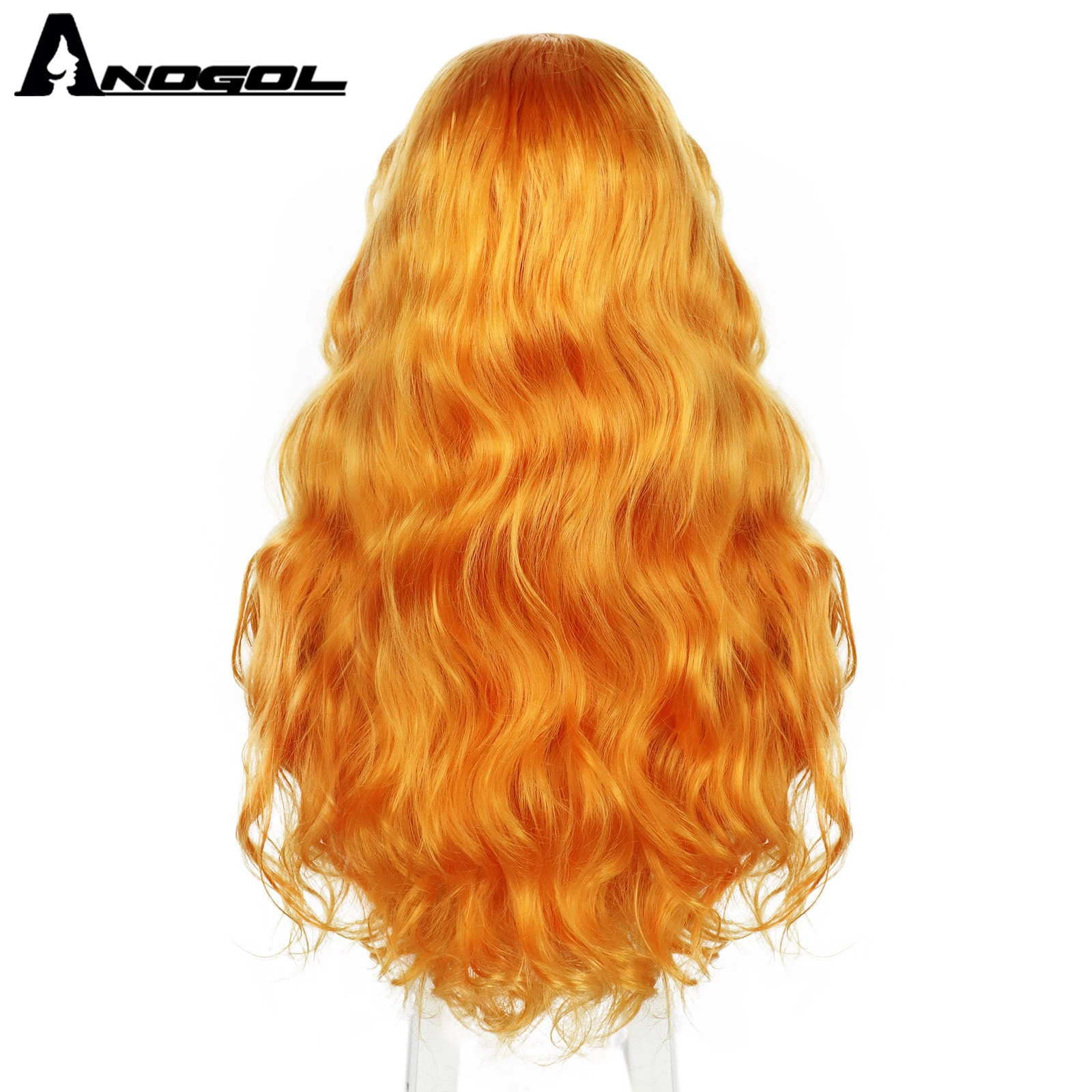 ANOGOL Synthetic 28IN Orange Lace Wig Bright Copper Orange Curly Water Wave 13X1 Lace Wig for Women Cosplay Halloween Party