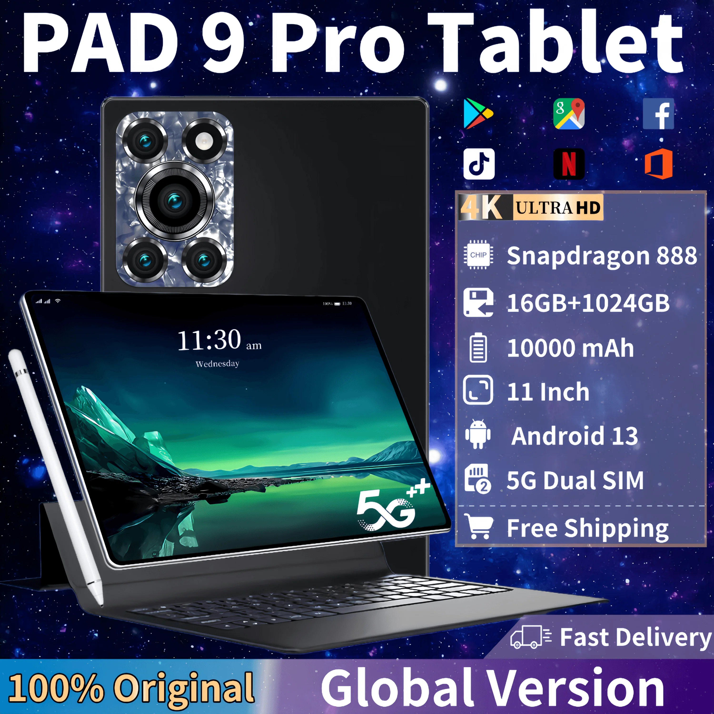 2024 Original Global Version Pad 9 Pro Tablet Android 13 Snapdragon 888 11 inch HD 16GB+1T 10000mAh 5G Dual SIM WiFi GPS Tablets