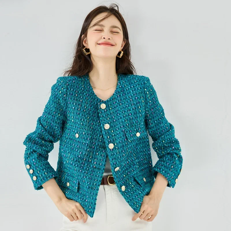 Women Tweeds Coats Blue 2025 Wool Blends Autumn Braided Texture Bright Color Age-reducing Commuting Casual Jackets Round Neck