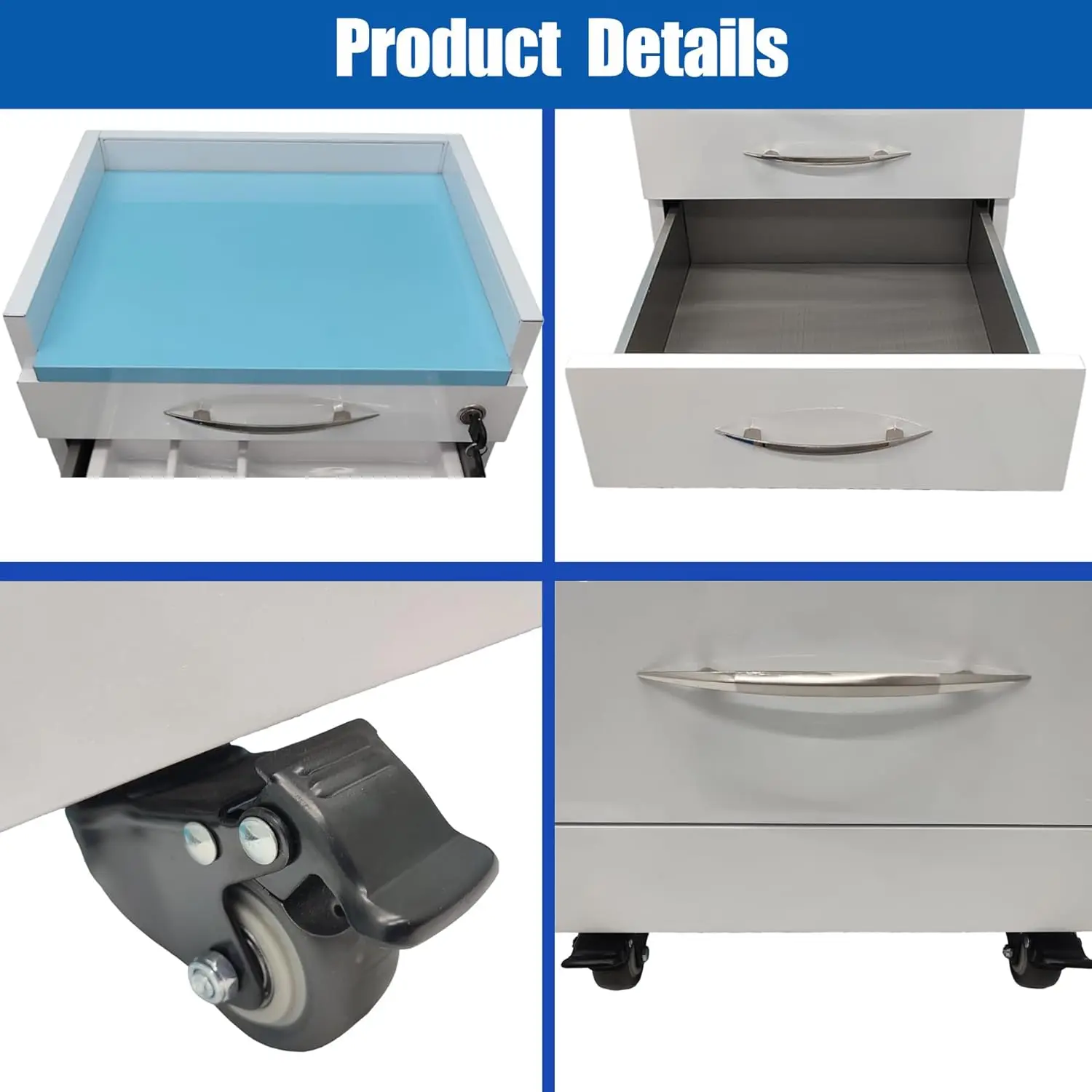 ตู้เก็บของอเนกประสงค์สำหรับทันตกรรม 4 ลิ้นชัก พร้อมรถเข็นเก็บของสแตนเลสแบบเคลื่อนย้ายได้ พร้อมพาเลท 2 ใบ