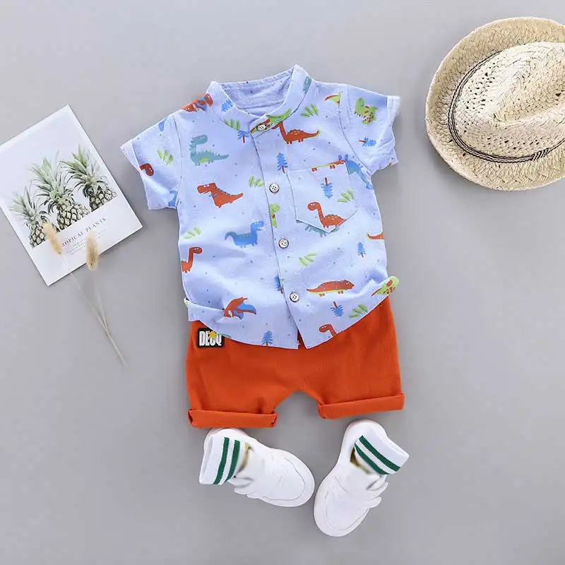 Infants and Toddlers Covered in Printed Cartoon Dinosaur Stand-up Collar Shirt Short Sleeve 2 Piece Set