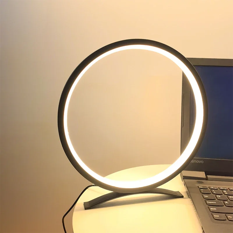 Lámparas de escritorio circulares minimalistas modernas, luz de noche de cabecera de dormitorio con carcasa de Metal regulable, luces de mesa circulares de lectura de estudio LED